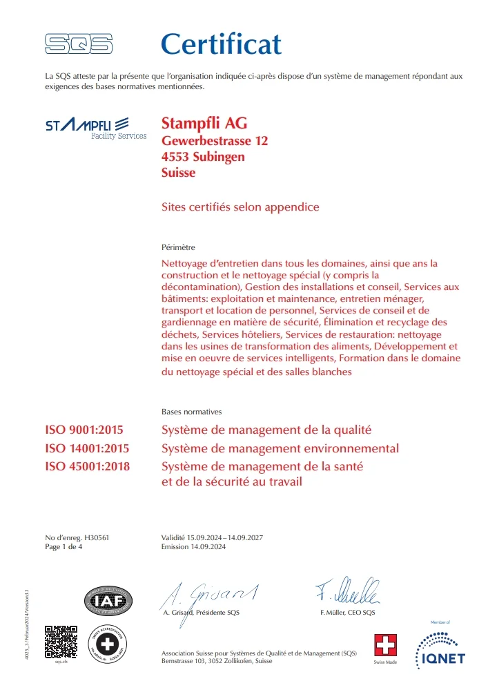 SQS-Zertifikat für Stampfli auf französisch